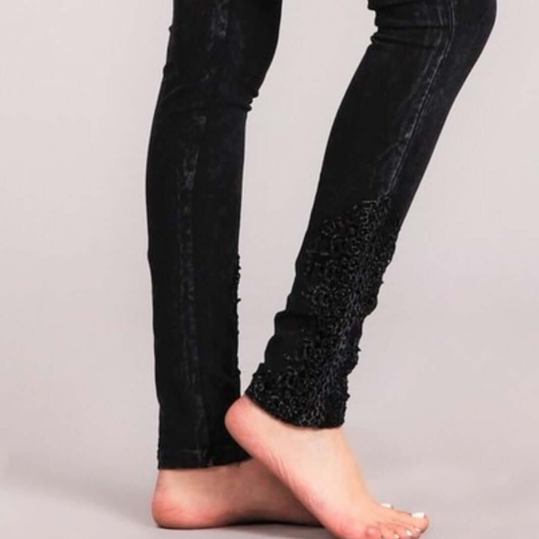 Mineral Washed Jeggings with Crochet Ankle Detail - Made in USA
