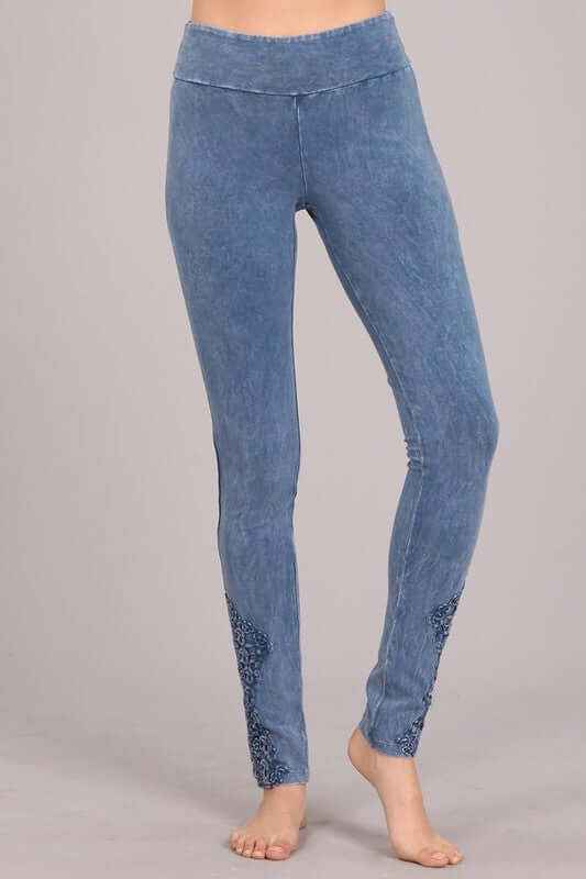 Mineral Washed Jeggings Crochet Ankle Detail Made in USA