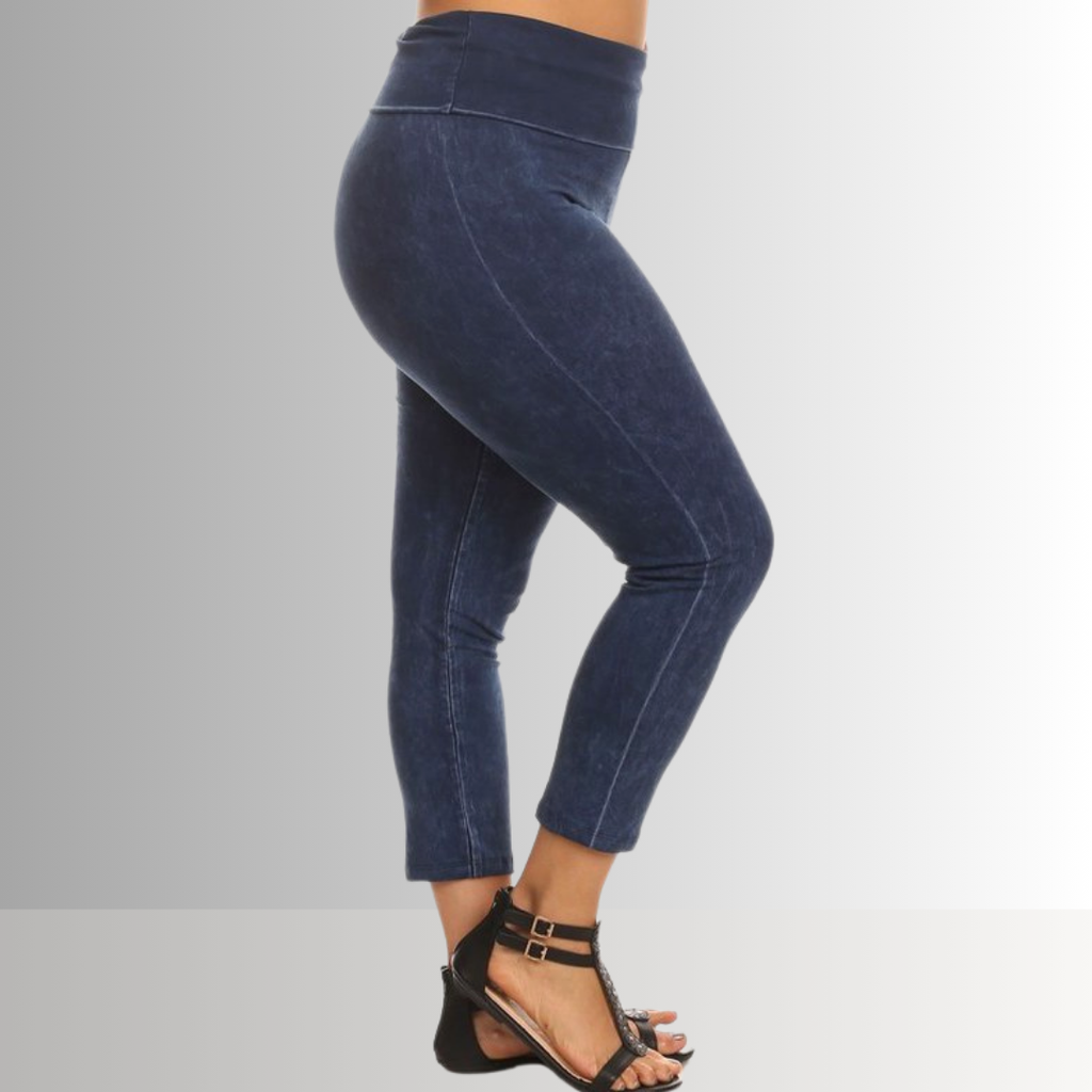 Fold Over Waist Plus Size Mineral Washed Capri Leggings Made in USA