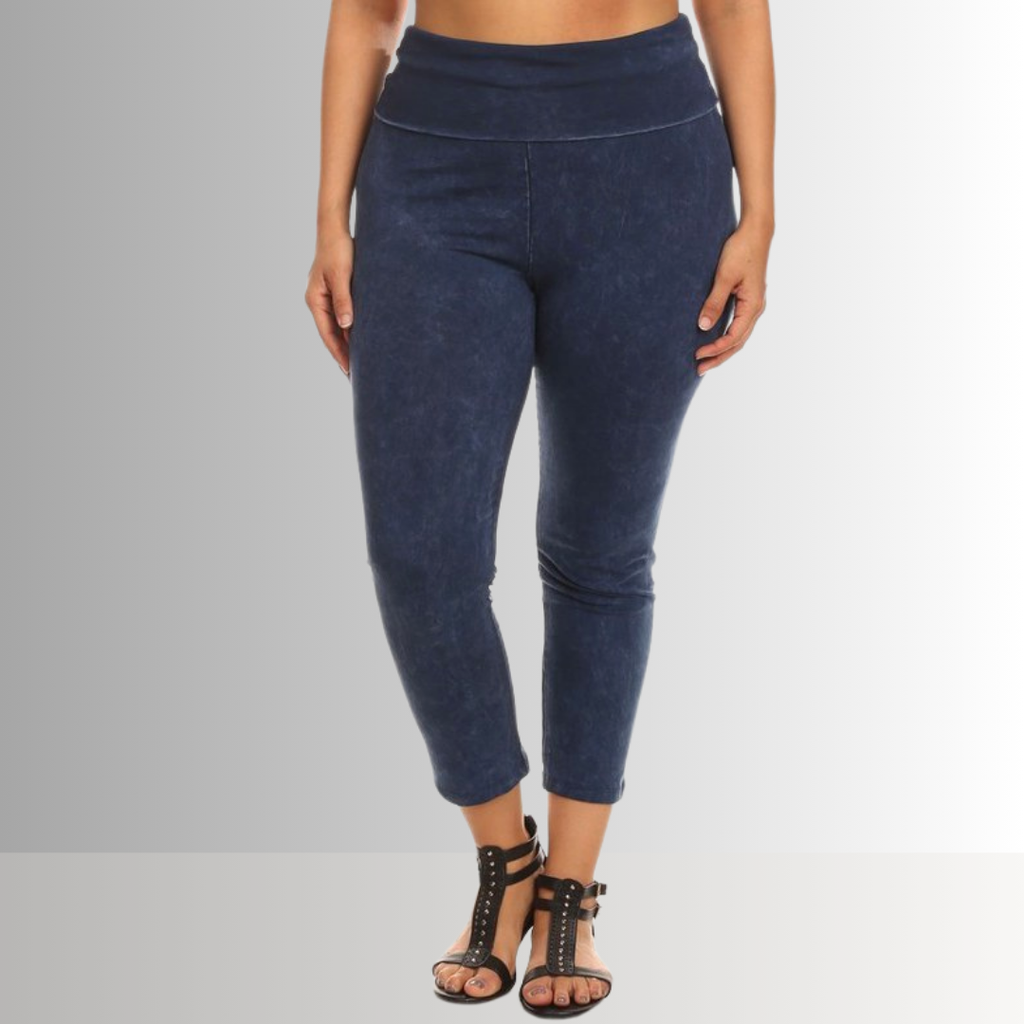 Fold Over Waist Plus Size Mineral Washed Capri Leggings Made in USA
