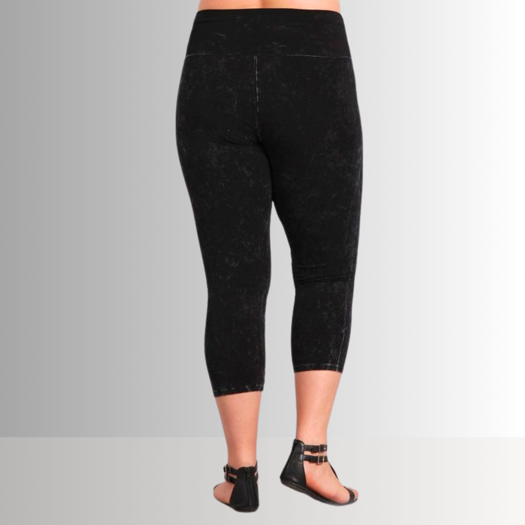 Fold Over Waist Plus Size Mineral Washed Capri Leggings Made in USA