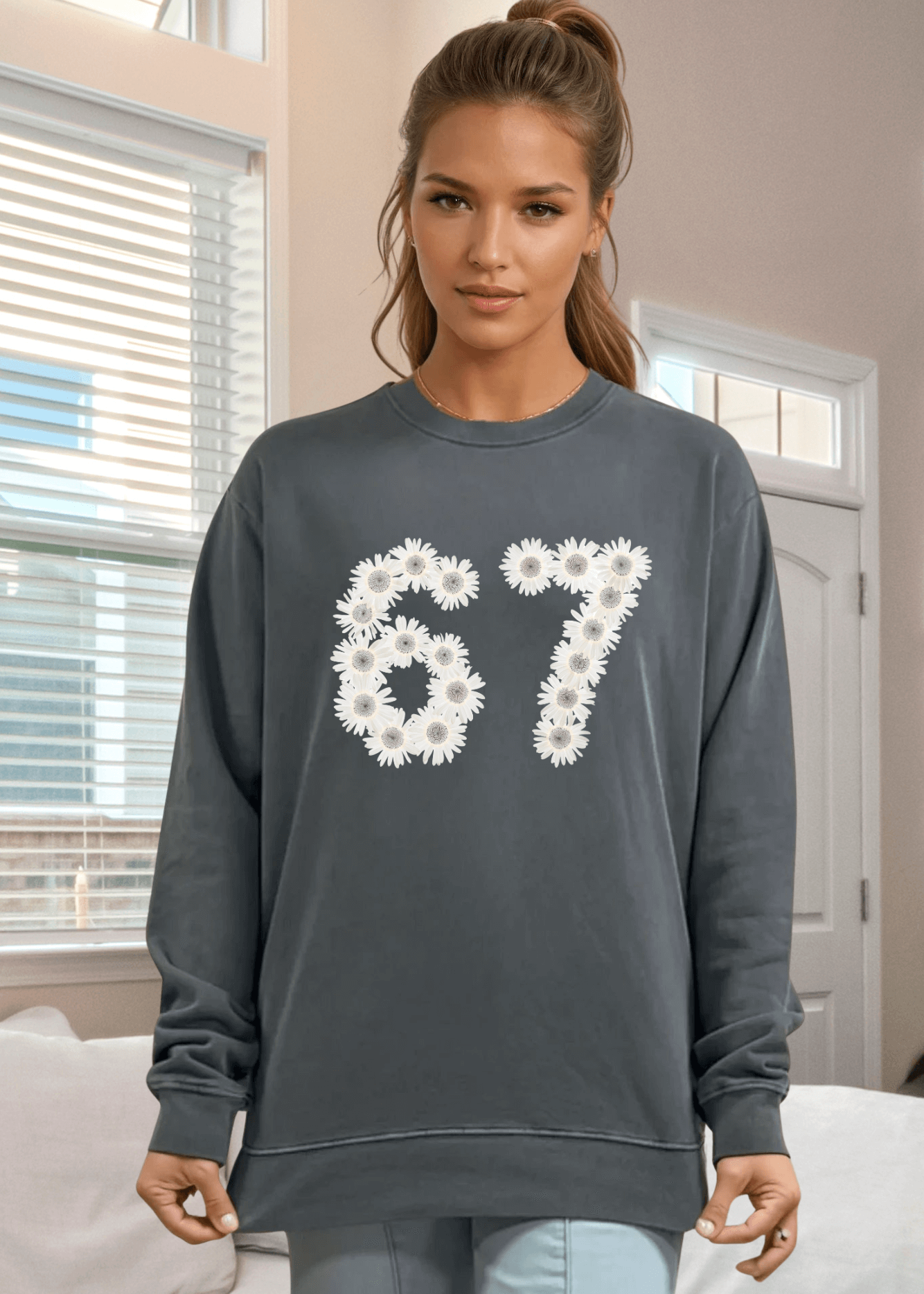 Six Seven Flower Sweatshirt - Stylish Cotton Graphic Pullover