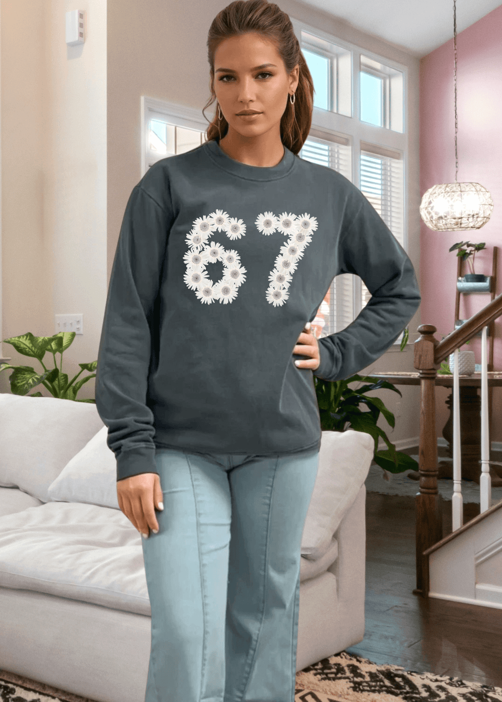 Six Seven Flower Sweatshirt - Stylish Cotton Graphic Pullover