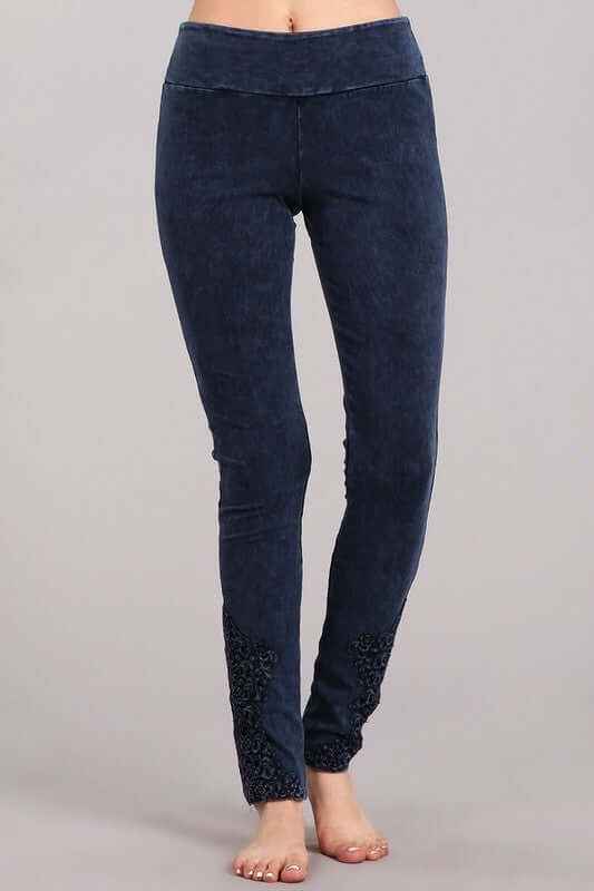 Mineral Washed Jeggings Crochet Ankle Detail Made in USA