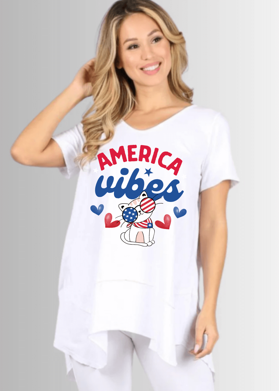 Cool Cat America Vibes Graphic Shark Bite Hem Tee - RFE Marketing Ventures