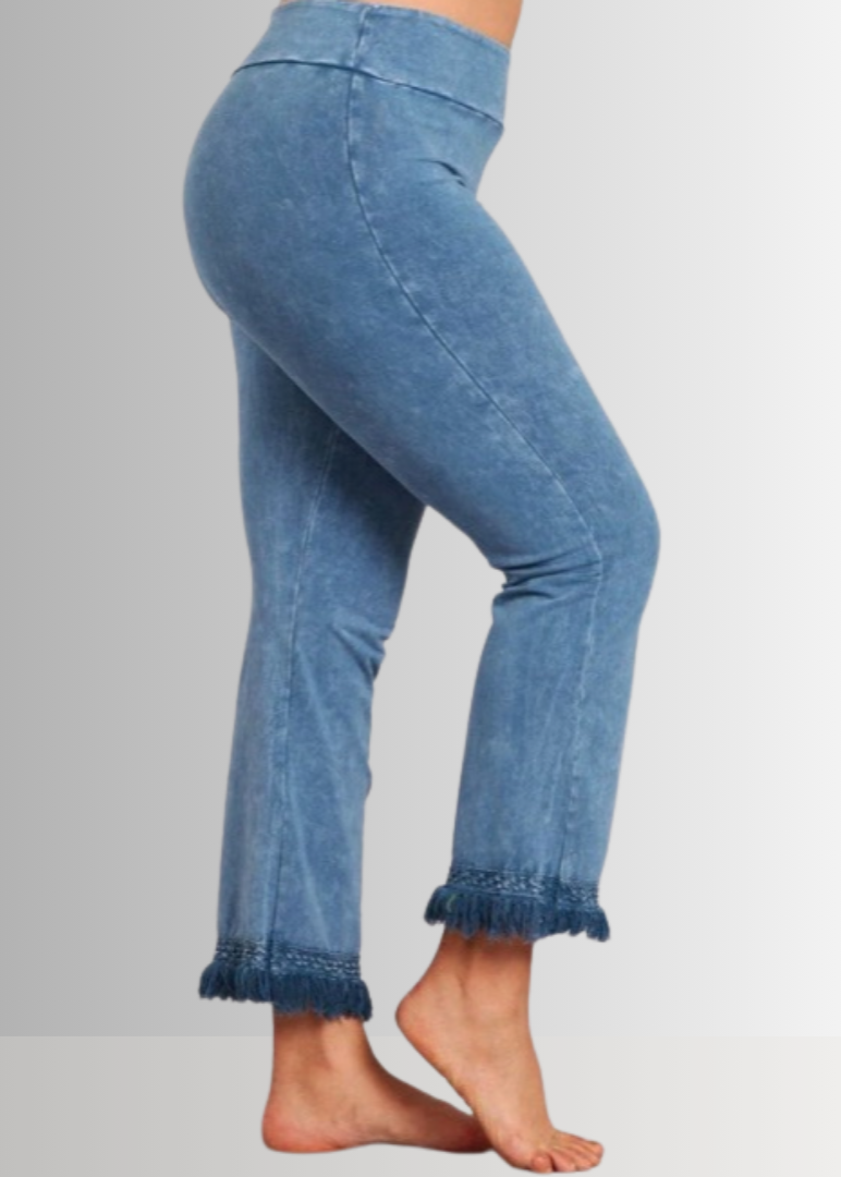 Mineral Washed Plus Size Crochet Fringe Hem Pants