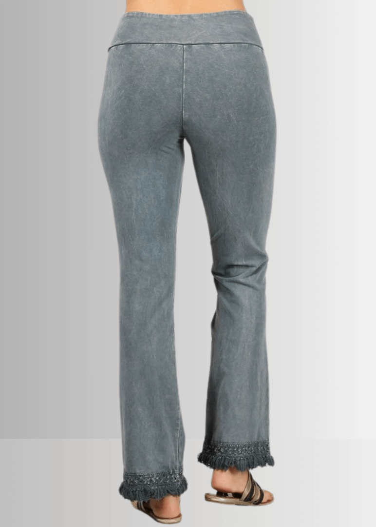 Mineral Washed Crochet Pants with Fringe Hem for a Trendy Look