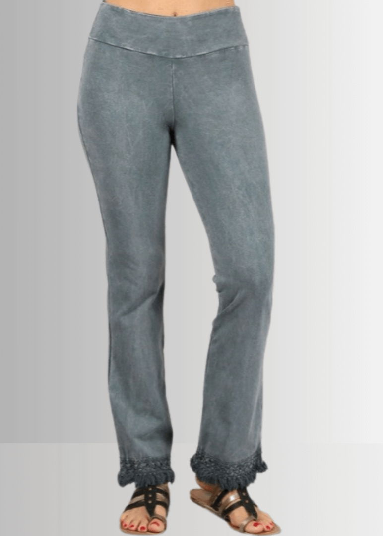 Mineral Washed Crochet Pants with Fringe Hem for a Trendy Look