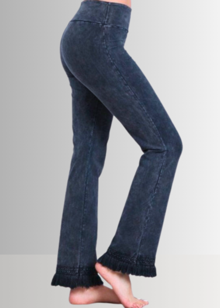 Mineral Washed Plus Size Crochet Fringe Hem Pants