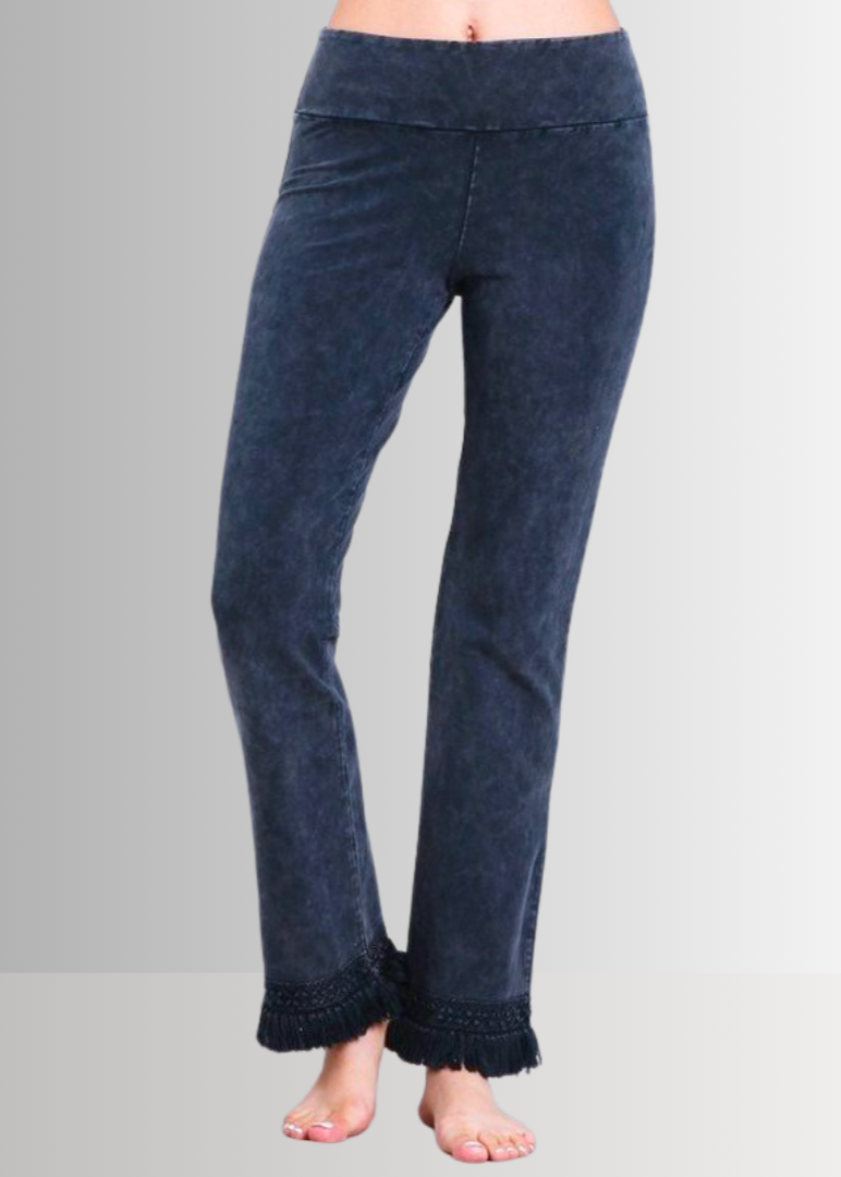 Mineral Washed Crochet Pants with Fringe Hem for Effortless Style
