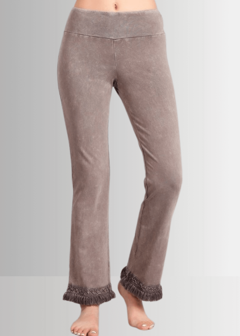Mineral Washed Crochet Pants with Fringe Hem for a Trendy Look