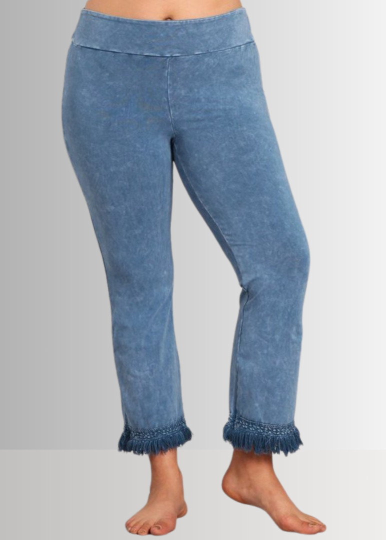 Mineral Washed Plus Size Crochet Fringe Hem Pants