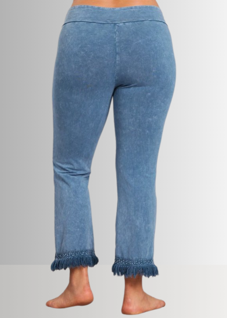 Mineral Washed Plus Size Crochet Fringe Hem Pants