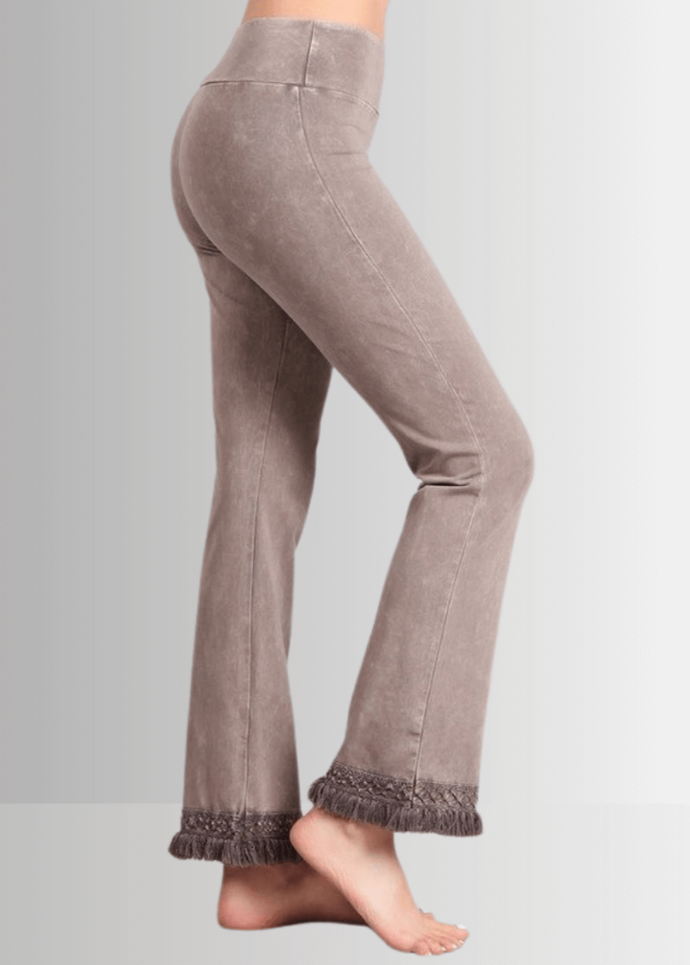 Mineral Washed Crochet Pants with Fringe Hem for a Trendy Look