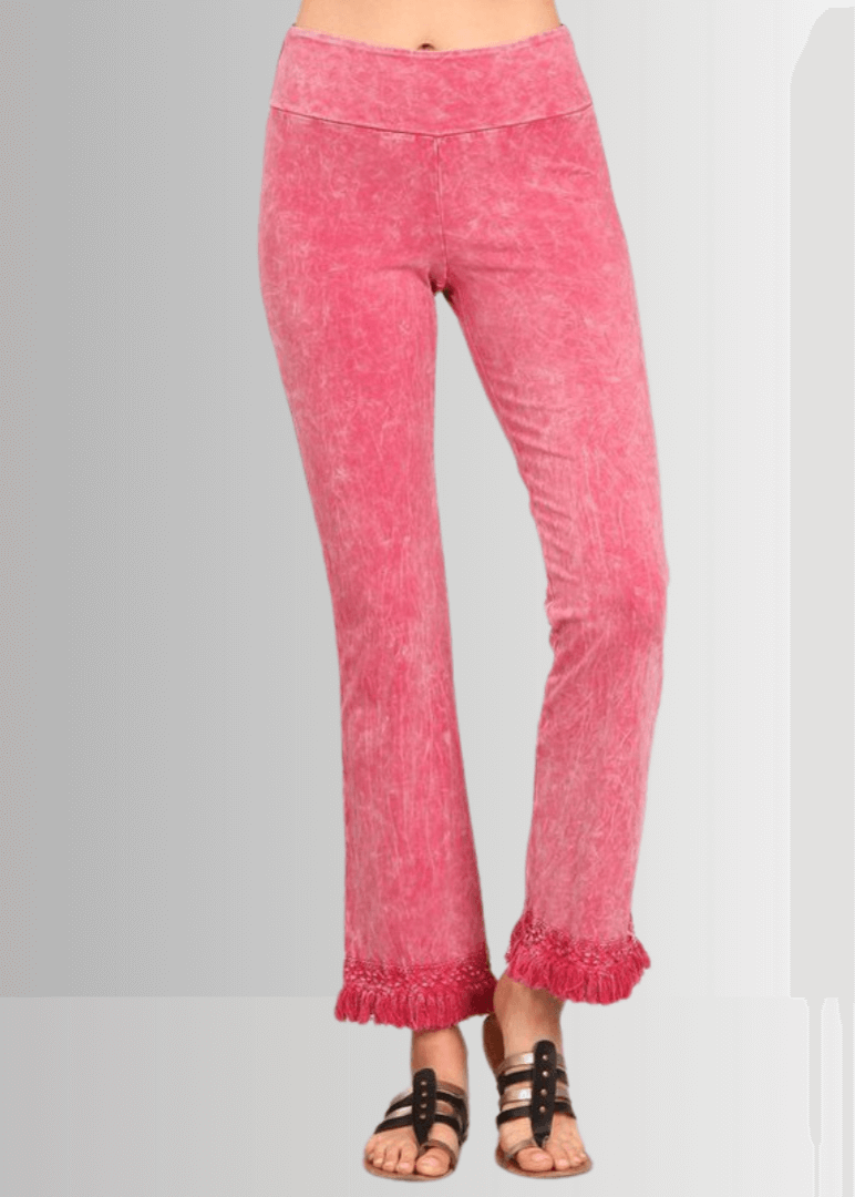 Mineral Washed Crochet Pants with Fringe Hem for a Trendy Look