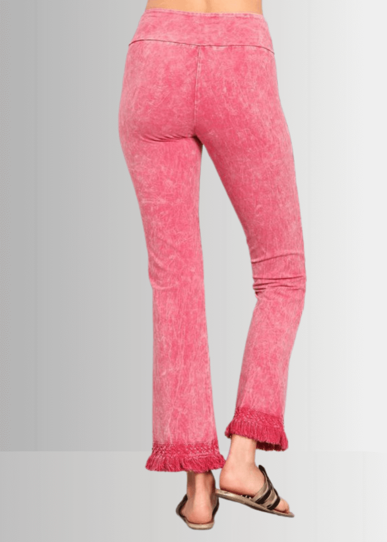 Mineral Washed Crochet Pants with Fringe Hem for a Trendy Look