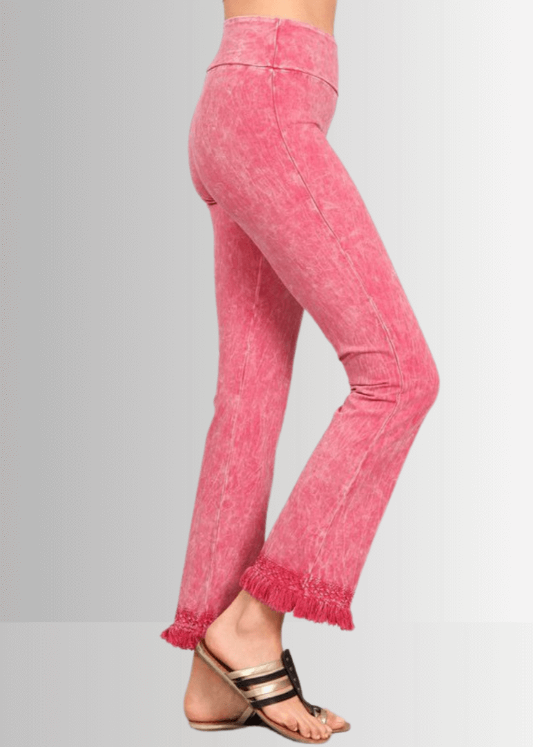 Mineral Washed Crochet Pants with Fringe Hem for Effortless Style