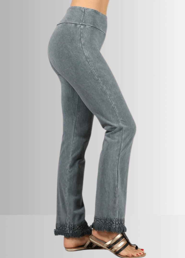 Mineral Washed Crochet Pants with Fringe Hem for a Trendy Look