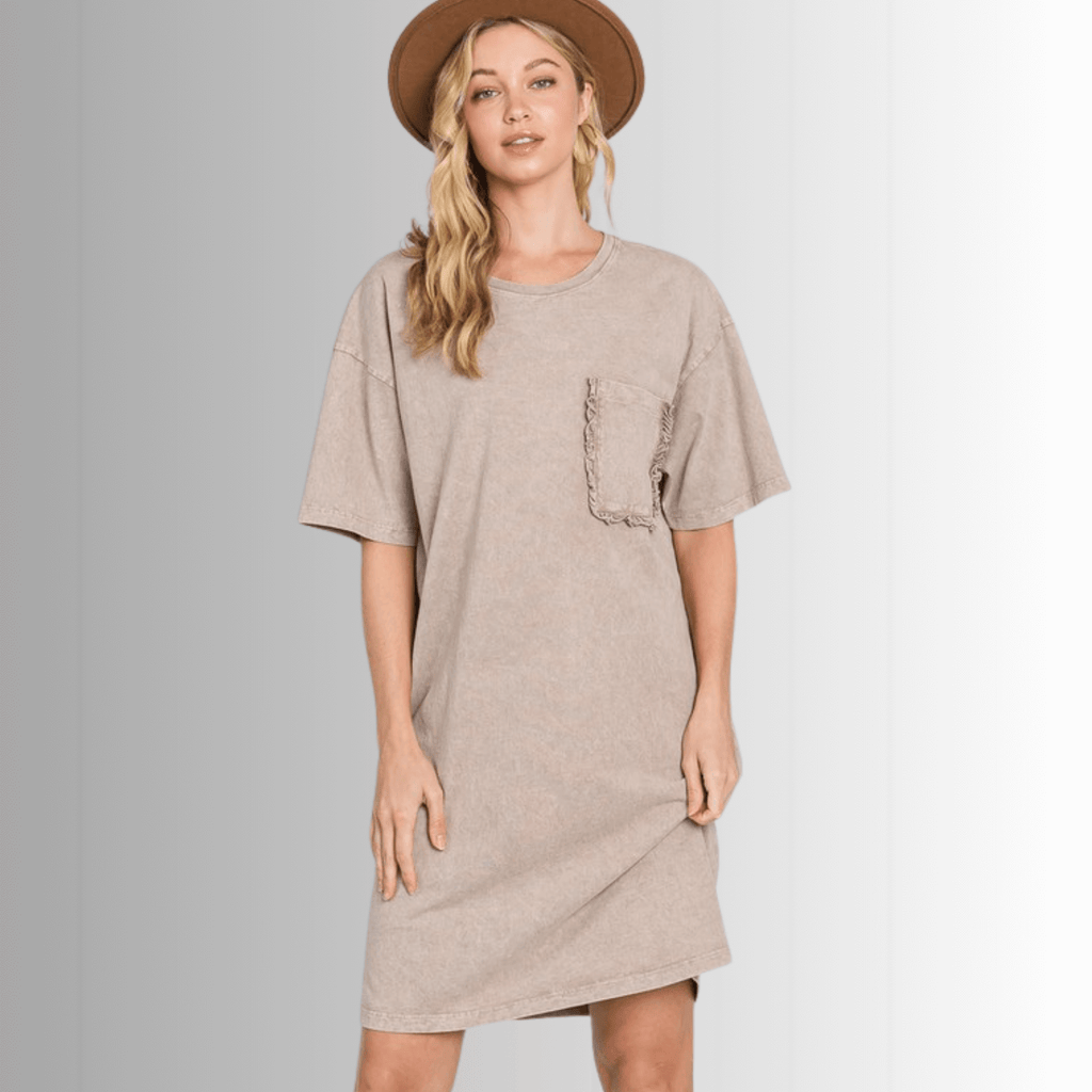 Charlee Mineral Washed Shirt Dress in Taupe for Effortless Style