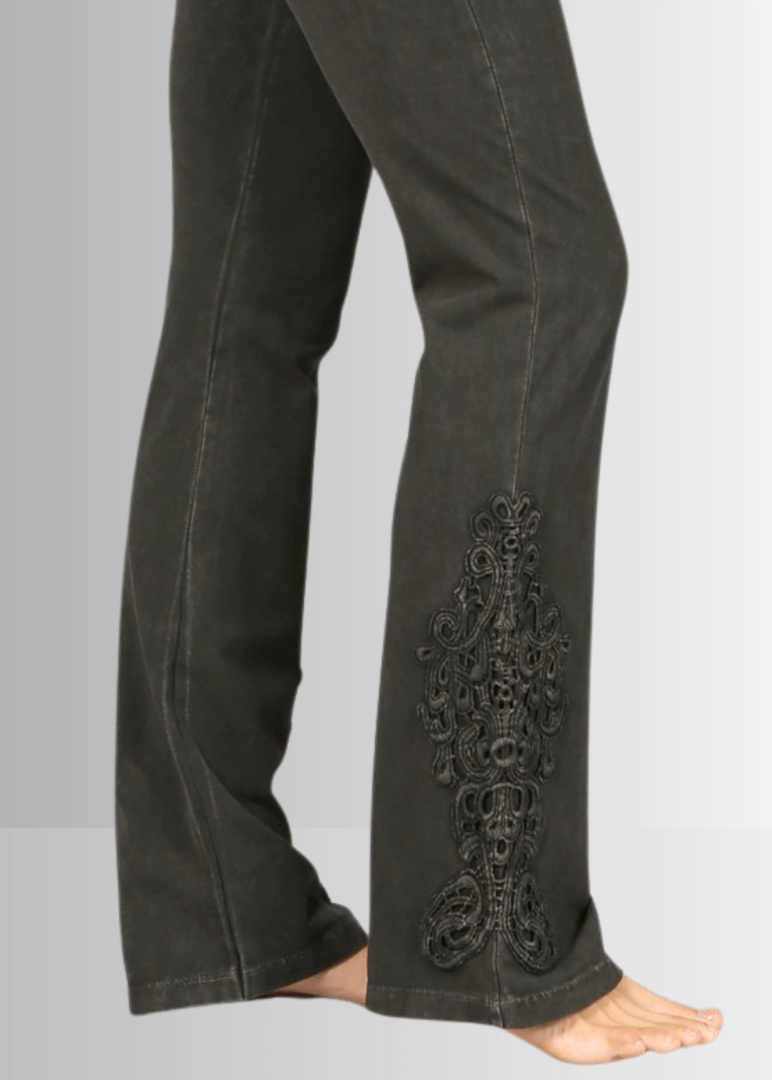 Mineral Washed Bootcut Jeggings with Crochet Detail in Dark Moss Green