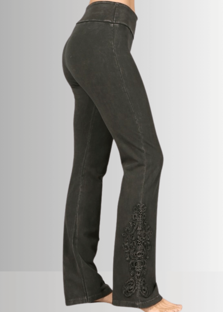 Mineral Washed Bootcut Jeggings with Crochet Detail in Dark Moss Green