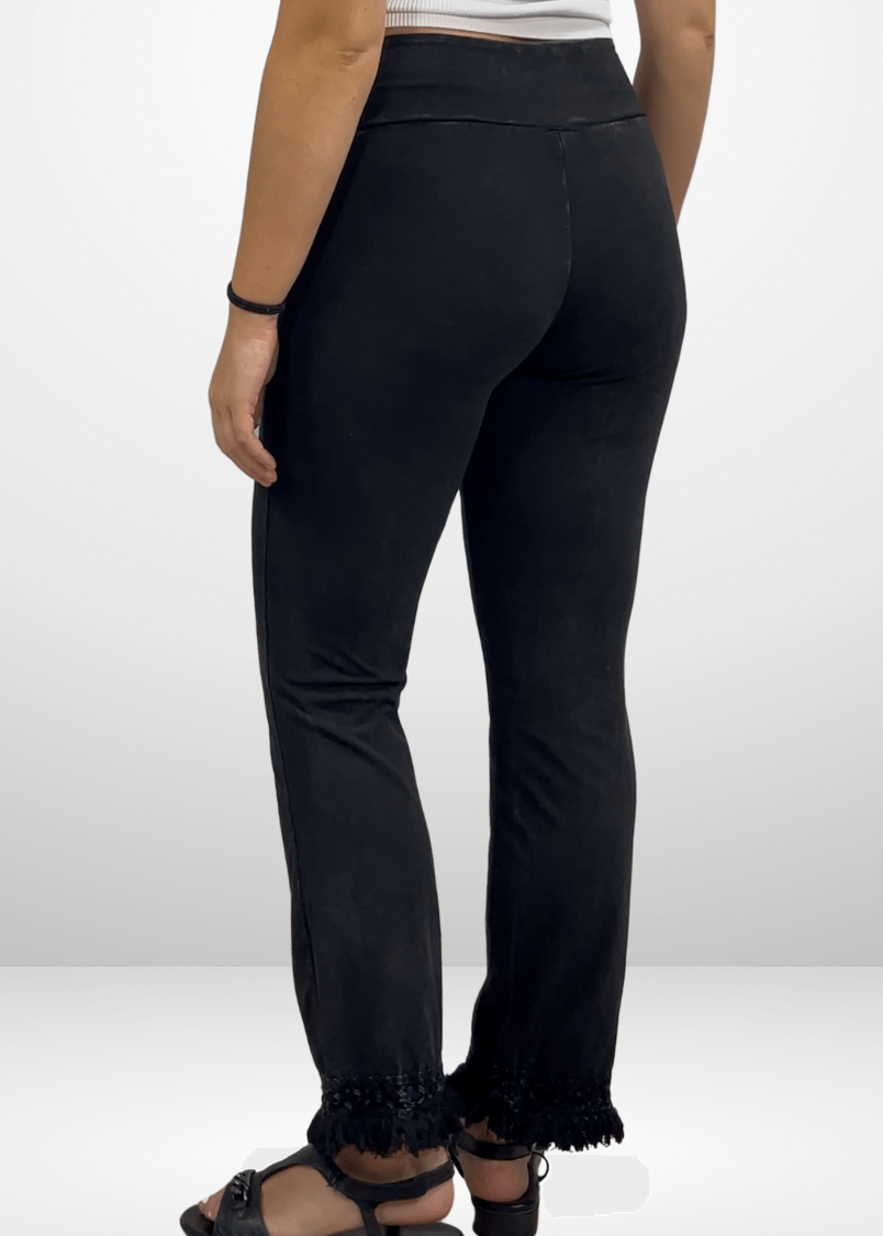 Mineral Washed Crochet Pants with Fringe Hem for a Trendy Look