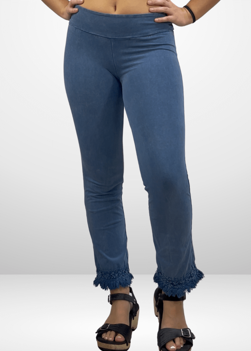 Mineral Washed Crochet Pants with Fringe Hem for Effortless Style