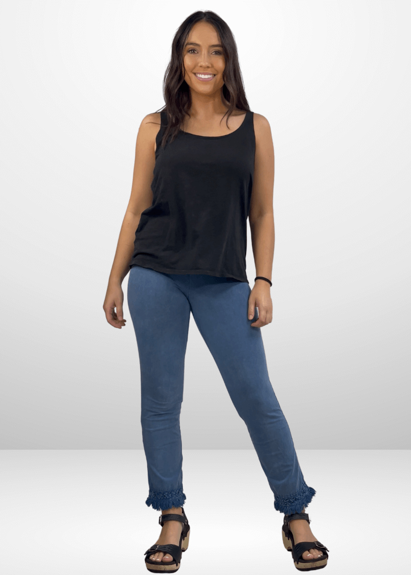 Mineral Washed Crochet Pants with Fringe Hem for Effortless Style