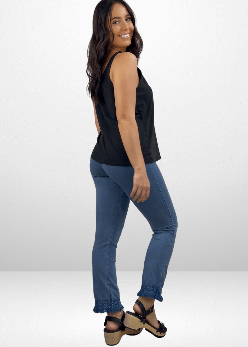 Mineral Washed Crochet Pants with Fringe Hem for Effortless Style