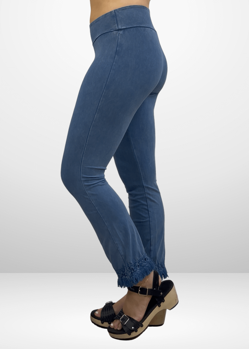 Mineral Washed Crochet Pants with Fringe Hem for a Trendy Look
