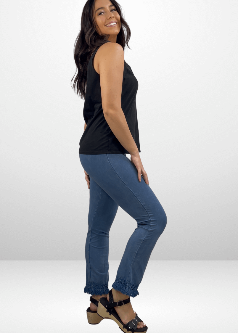 Mineral Washed Crochet Pants with Fringe Hem for a Trendy Look