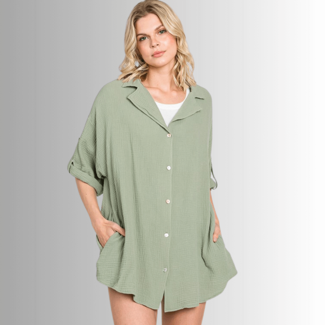 Rachel Slouchy Cotton Top - Lightweight Gauze Button Down for Effortless Style