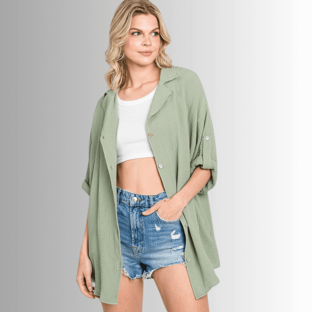 Rachel Slouchy Cotton Top - Lightweight Gauze Button Down for Effortless Style