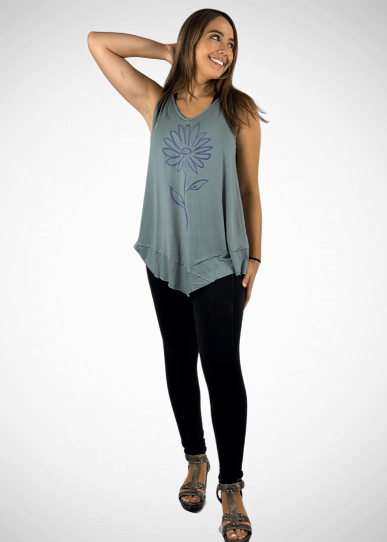 Daisy Graphic Tunic Sleeveless Light Sage Made in USA