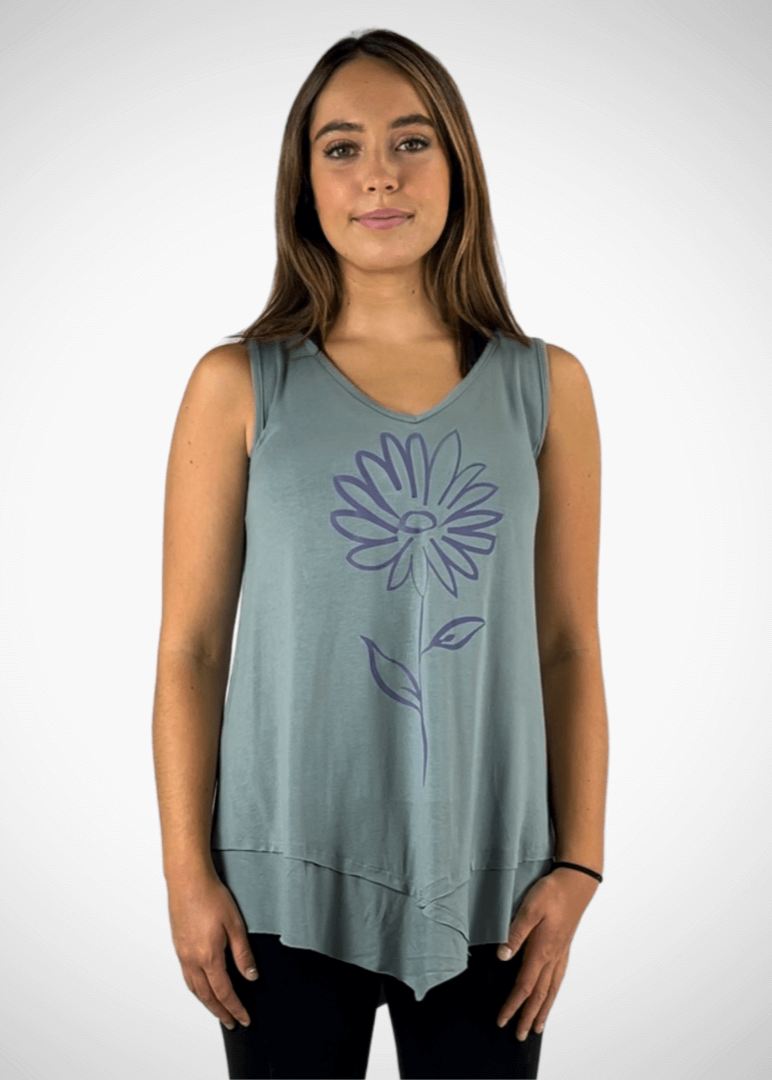 Daisy Graphic Tunic Sleeveless Light Sage Made in USA