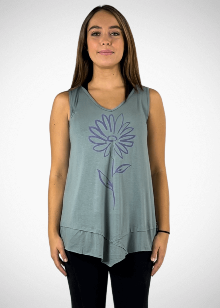 Daisy Graphic Tunic Sleeveless Light Sage Made in USA
