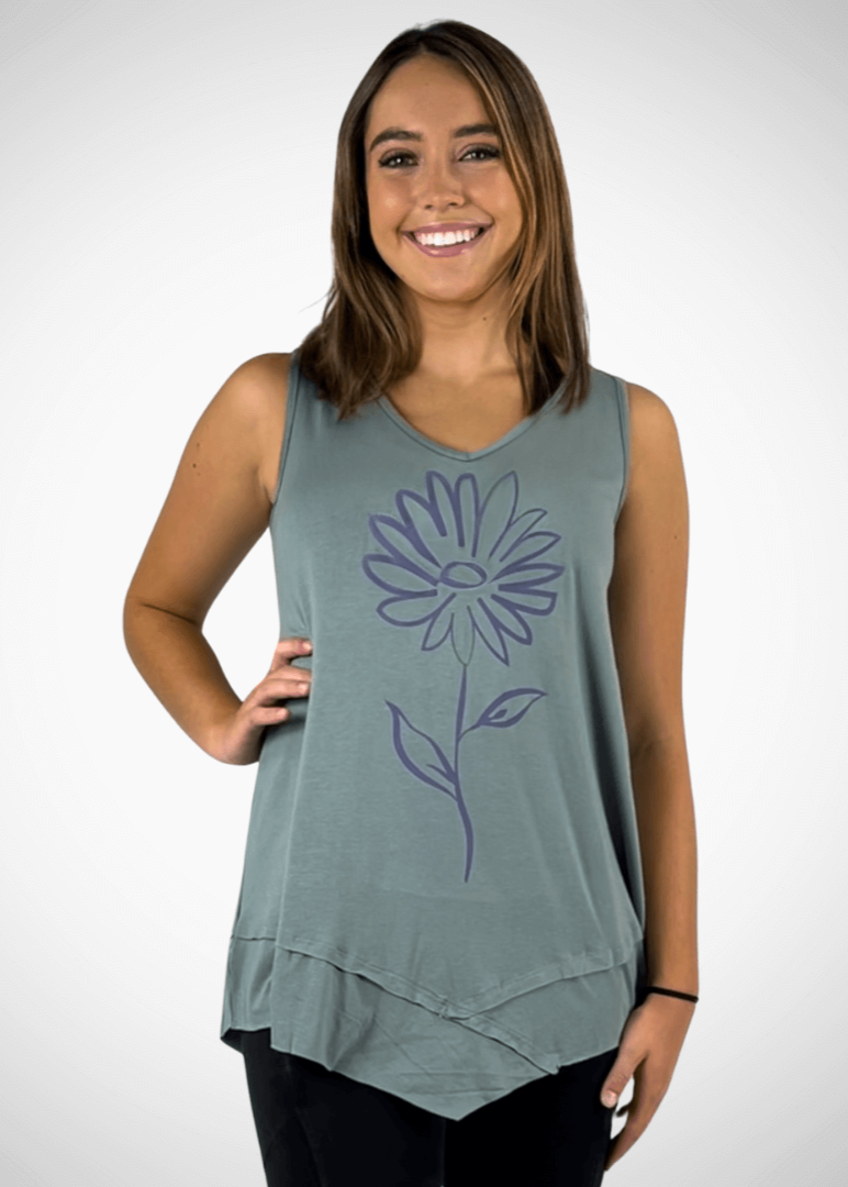 Daisy Graphic Tunic Sleeveless Light Sage Made in USA