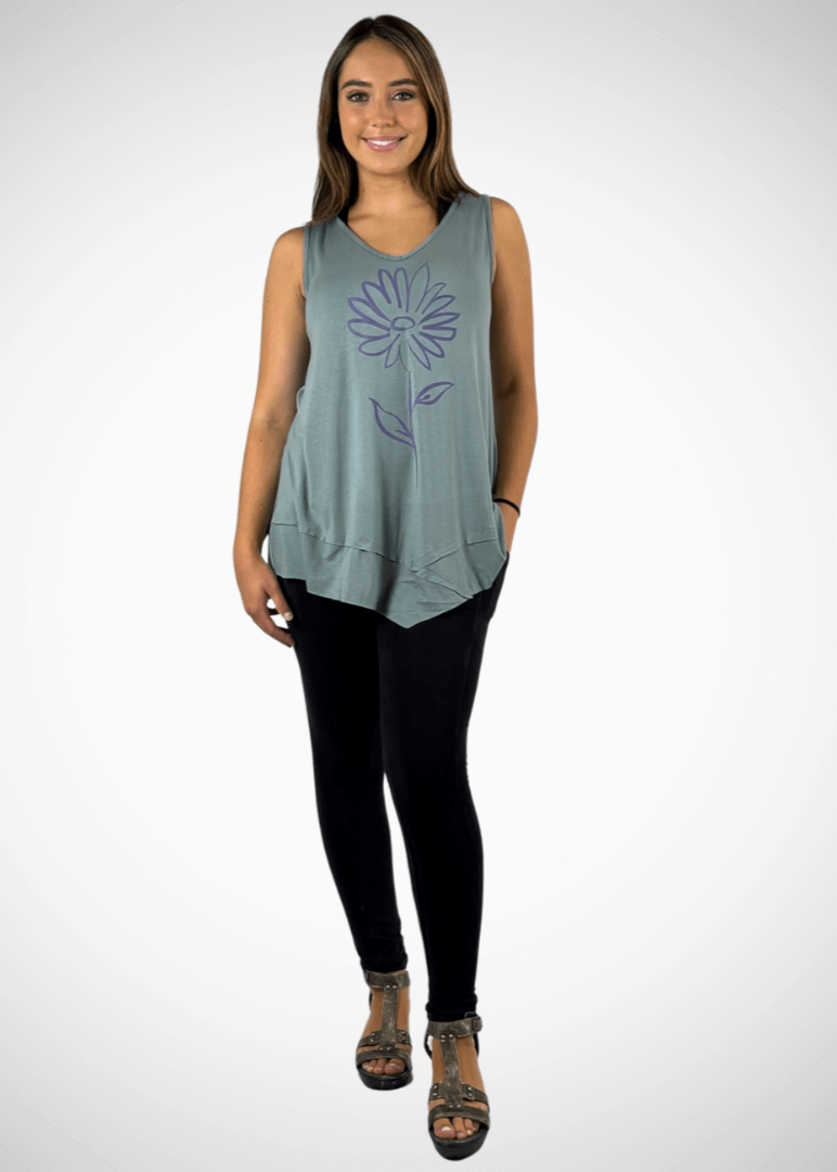 Daisy Graphic Tunic Sleeveless Light Sage Made in USA