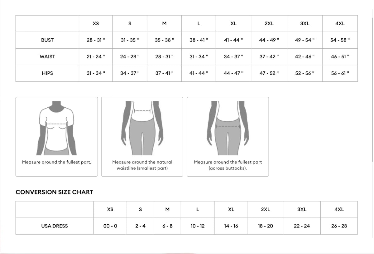 Size chart for clothing measurements with illustrations of body parts and conversion chart for USA dress sizes.