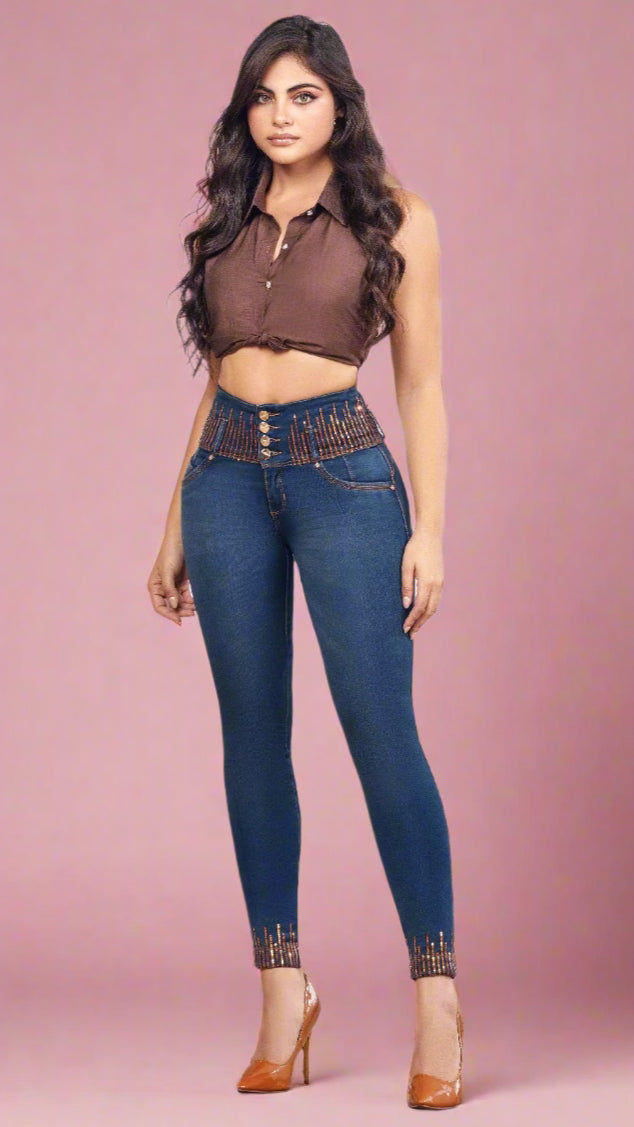 Julieth 100% Authentic Colombian Push Up Jeans copper-toned sequins - RFE Marketing Ventures