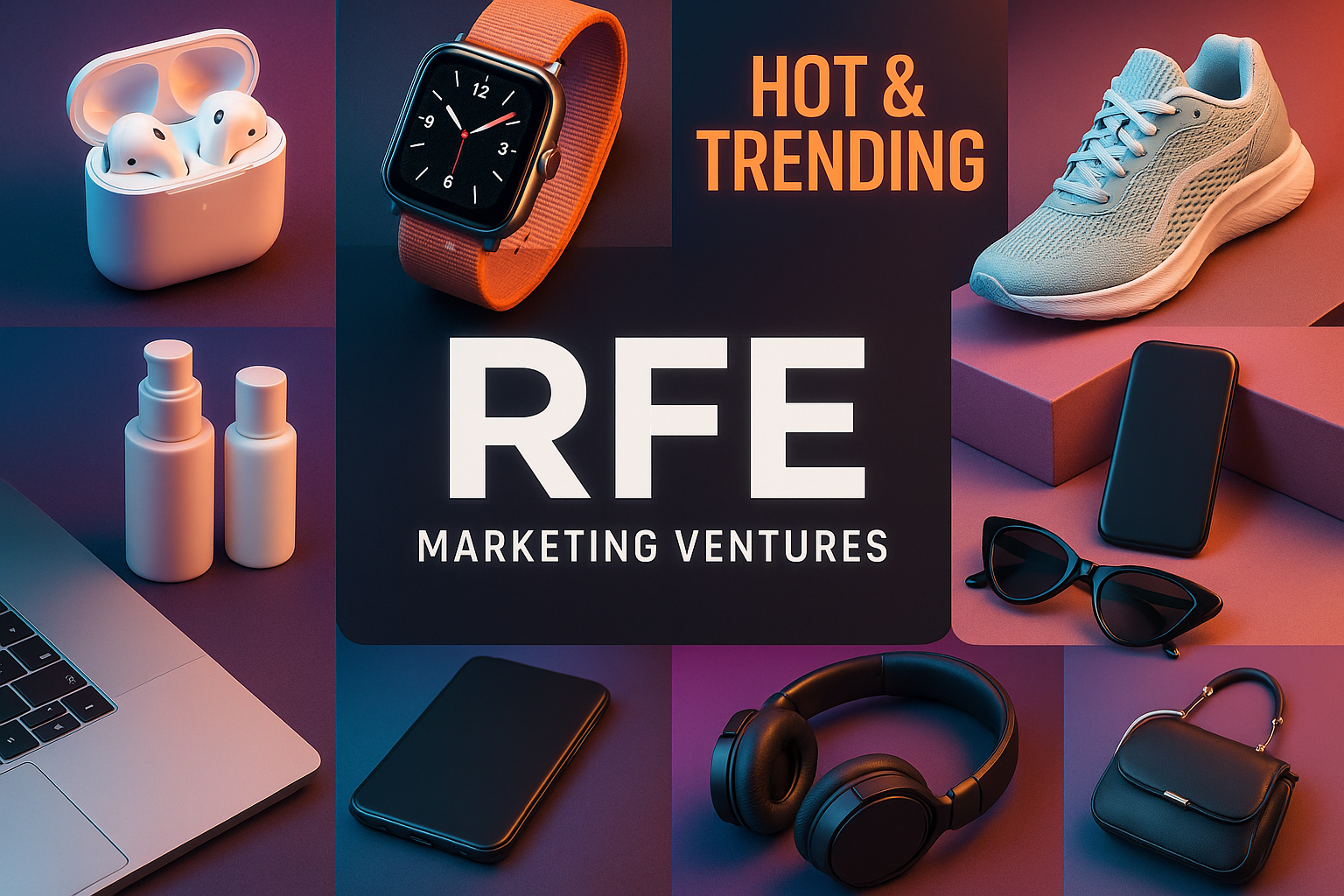 Hot and trending products with the logo RFE Marketing Ventures in the center.