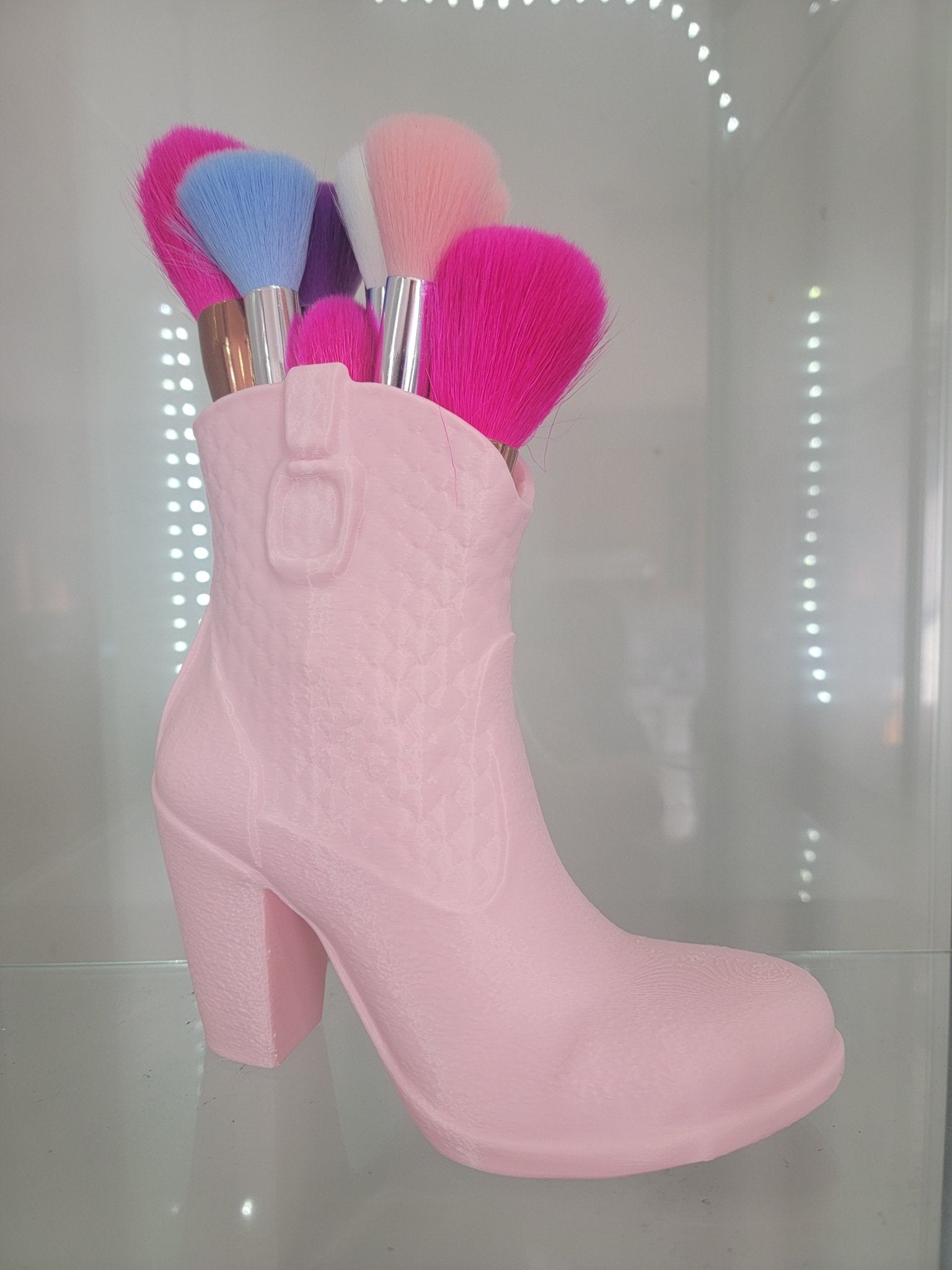 Pink Boot Makeup Brush Holder - Glamorous 3D-Printed Vanity Organizer - RFE Marketing Ventures