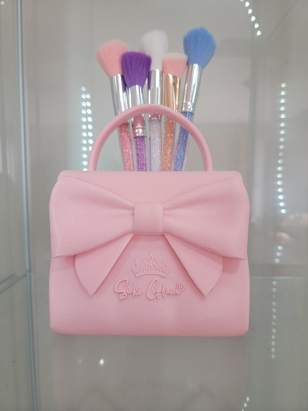 Pretty in Pink Bow Handbag Brush Holder - Glamorous Vanity Organizer - RFE Marketing Ventures
