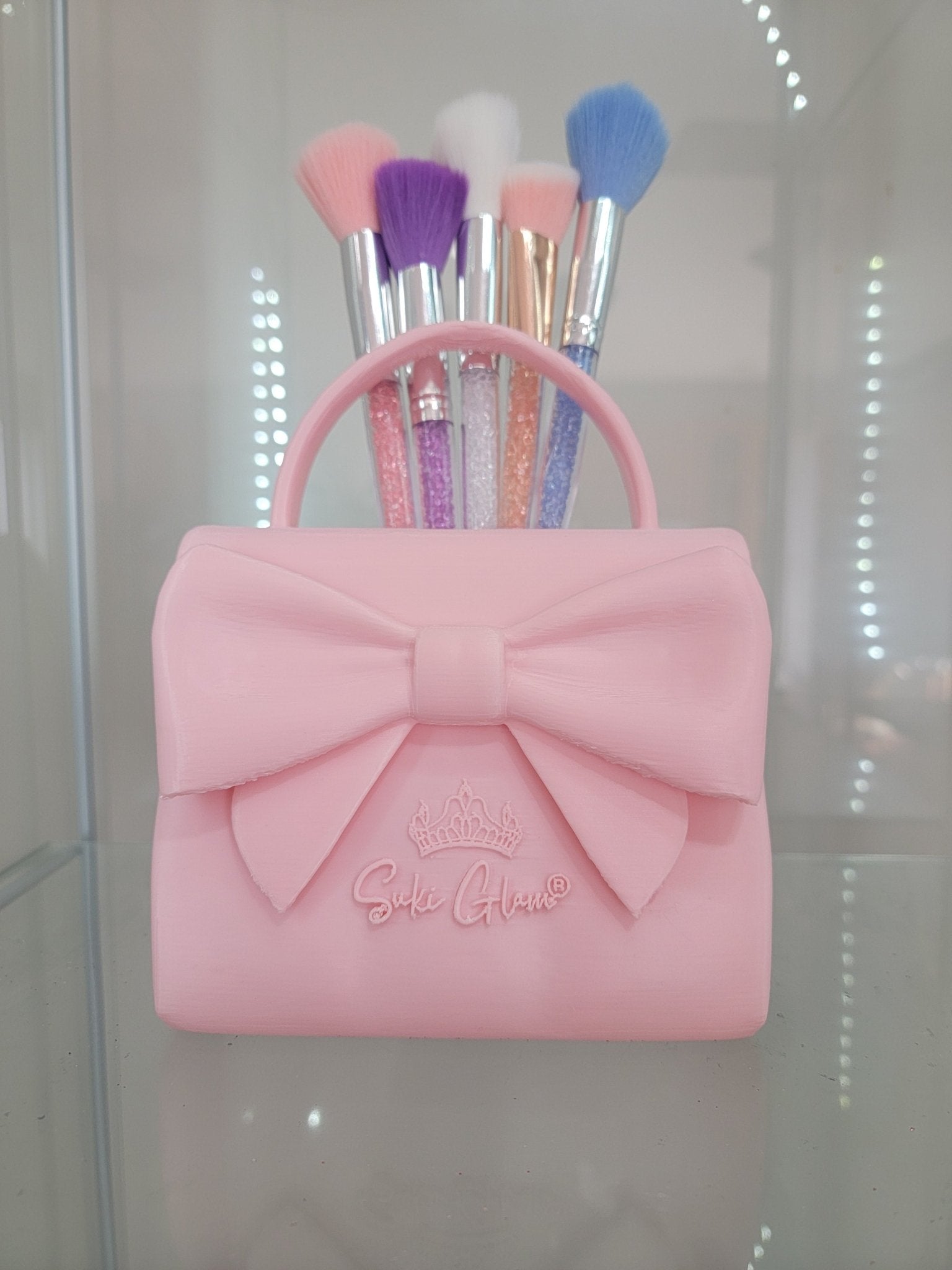 Pretty in Pink Bow Handbag Brush Holder - Glamorous Vanity Organizer - RFE Marketing Ventures