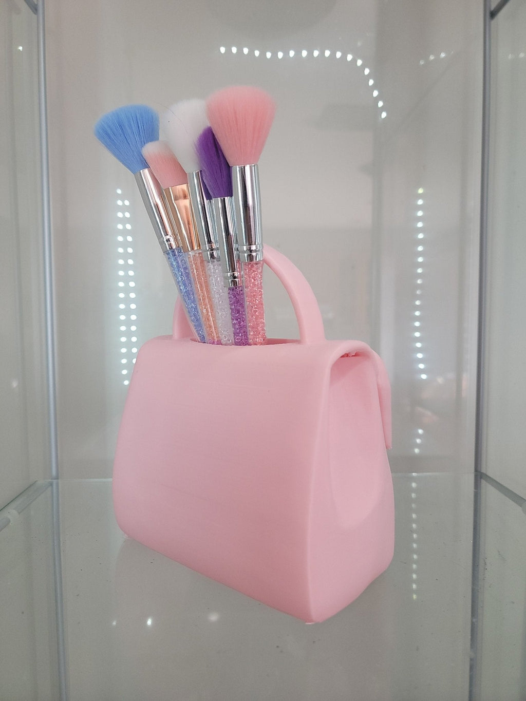 Pretty in Pink Bow Handbag Brush Holder - Glamorous Vanity Organizer - RFE Marketing Ventures