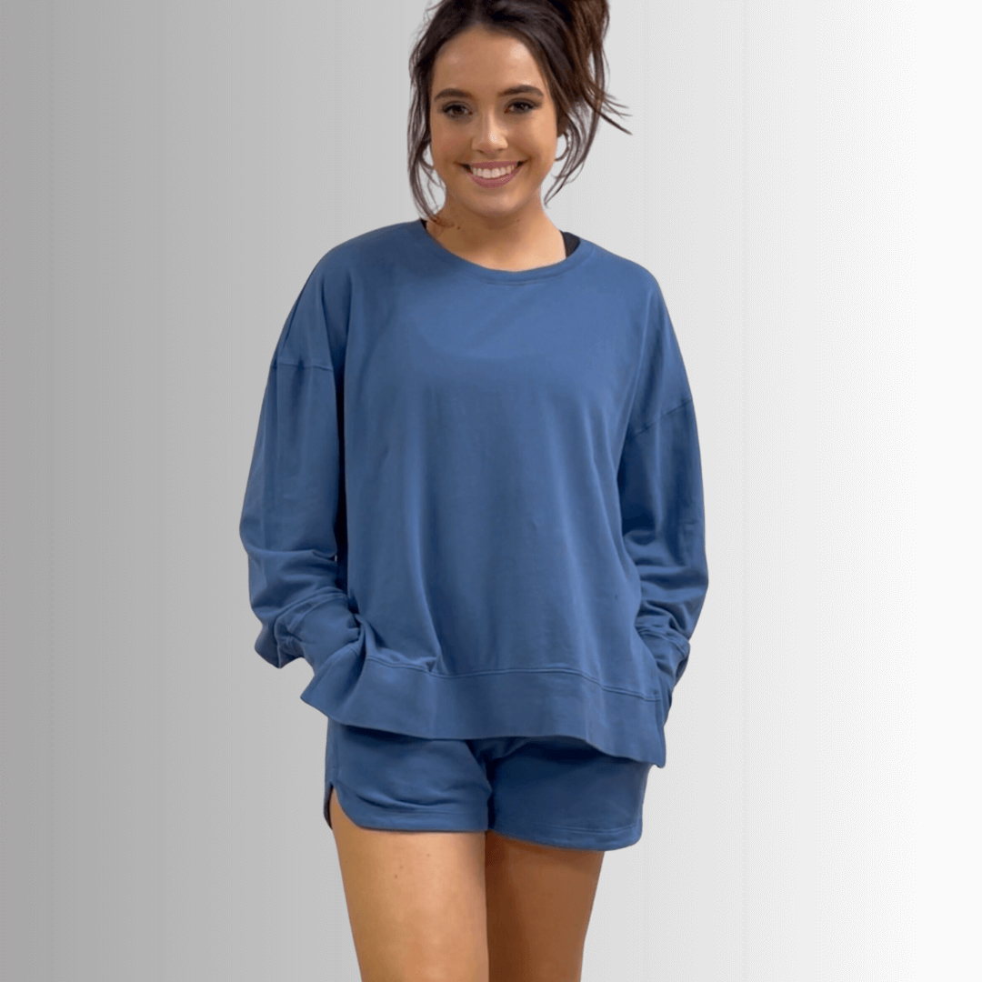 Annie All Cotton French Terry Shorts in Denim Blue - Stylish Comfort